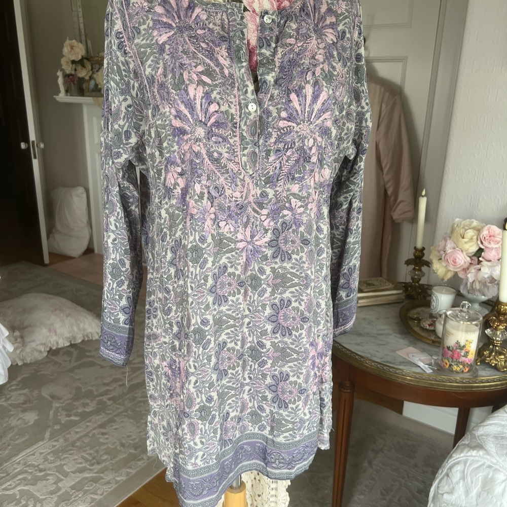 Floral 100% SILK Embroidered Tunic with Pink and Gray Accents XL